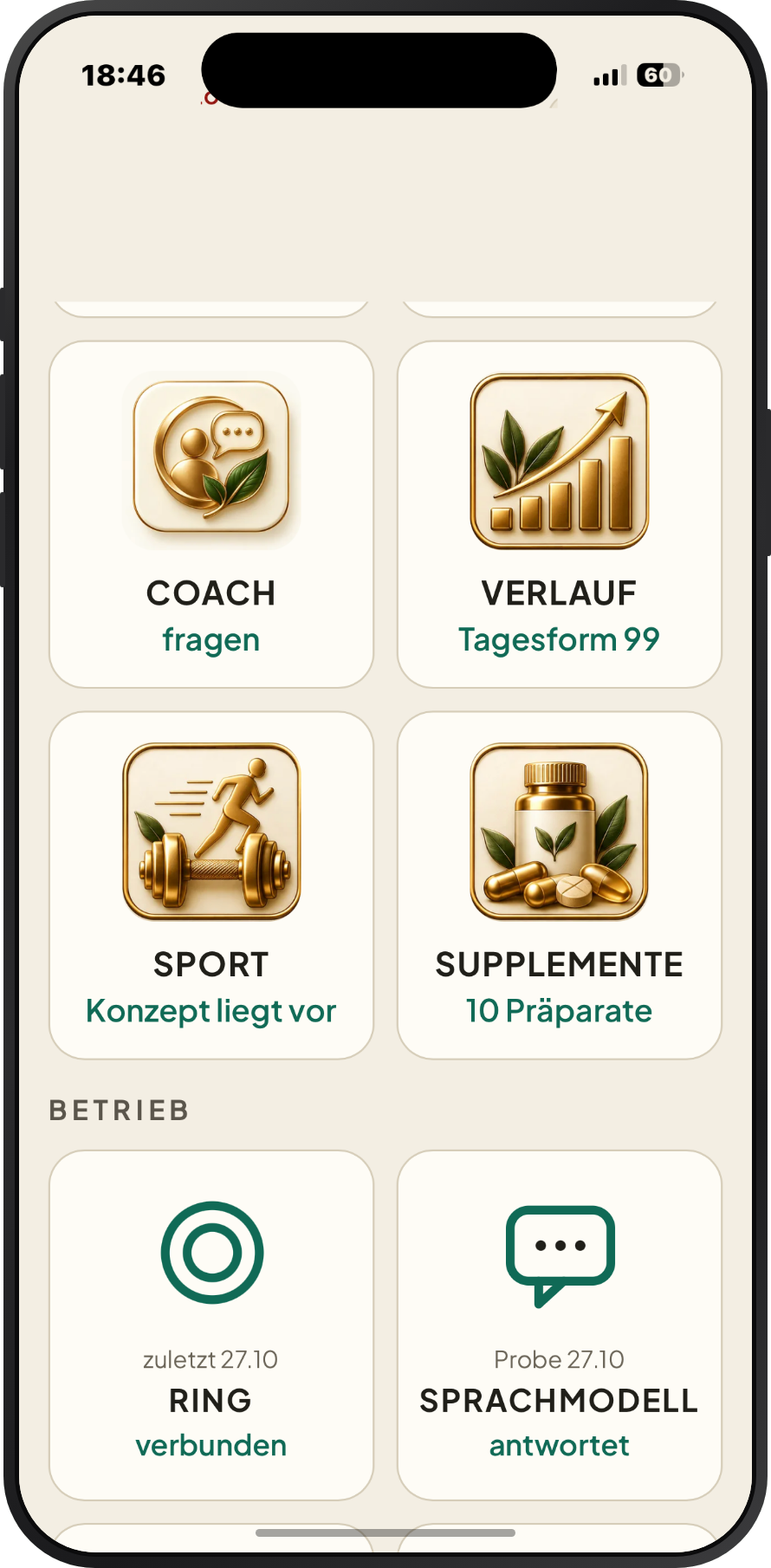 Die Startseite der App mit Coach, Verlauf, Sport und Supplementen — Beispielwerte