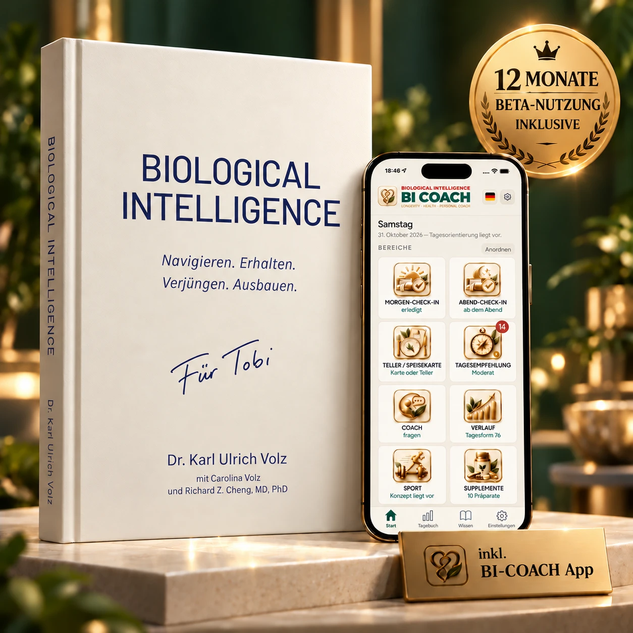 Buch Biological Intelligence mit der BI-Coach-App auf dem Telefon