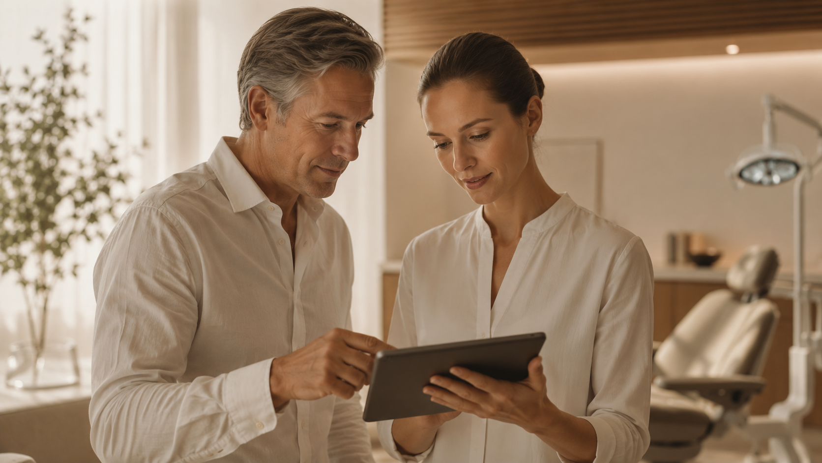 Zwei Kolleginnen und Kollegen in der Praxis am Tablet